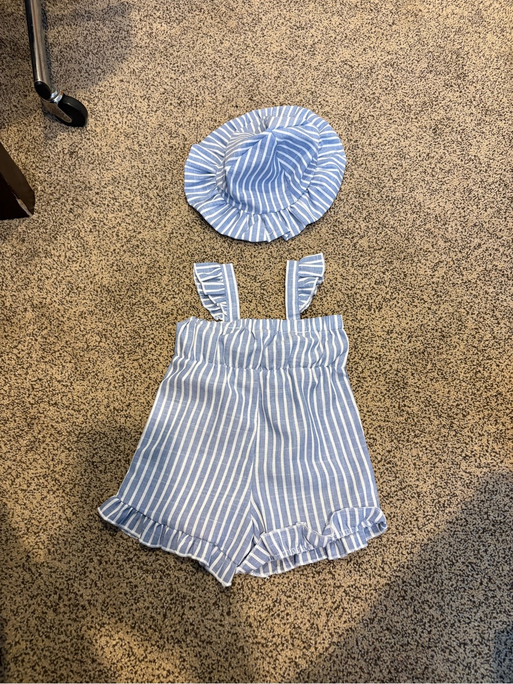 Blue & White Striped Ruffle Strap Kids Romper with Matching Hat